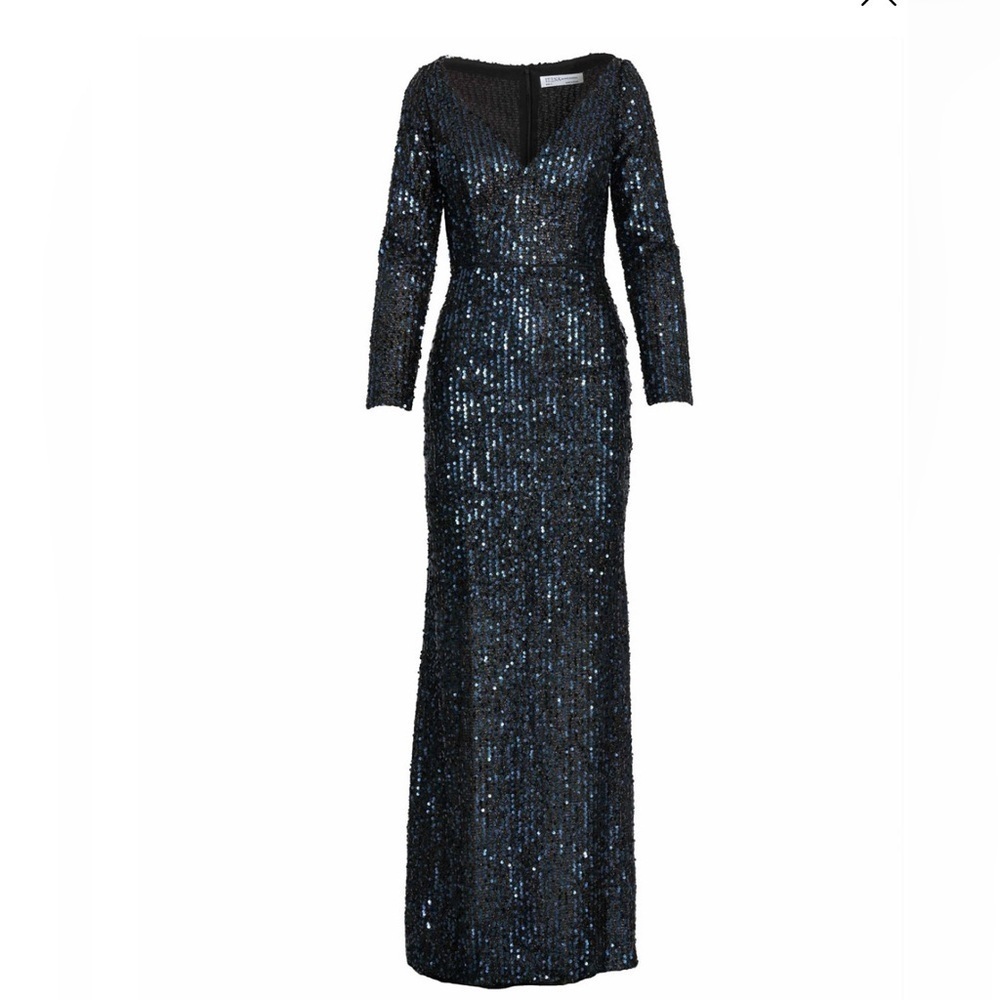 Mac Duggal Elegant Navy Sequin Gown v neck long sleeves size 6 NWT - Picture 7 of 13